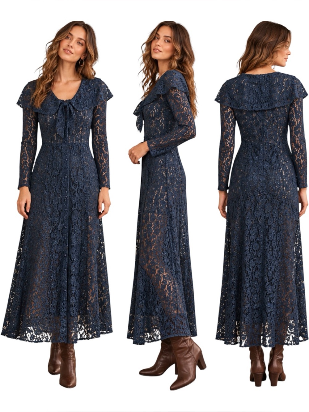 Vintage Sheer Lace Maxi Dress Cape Collar Tie Button Front Long Sleeve Size 8